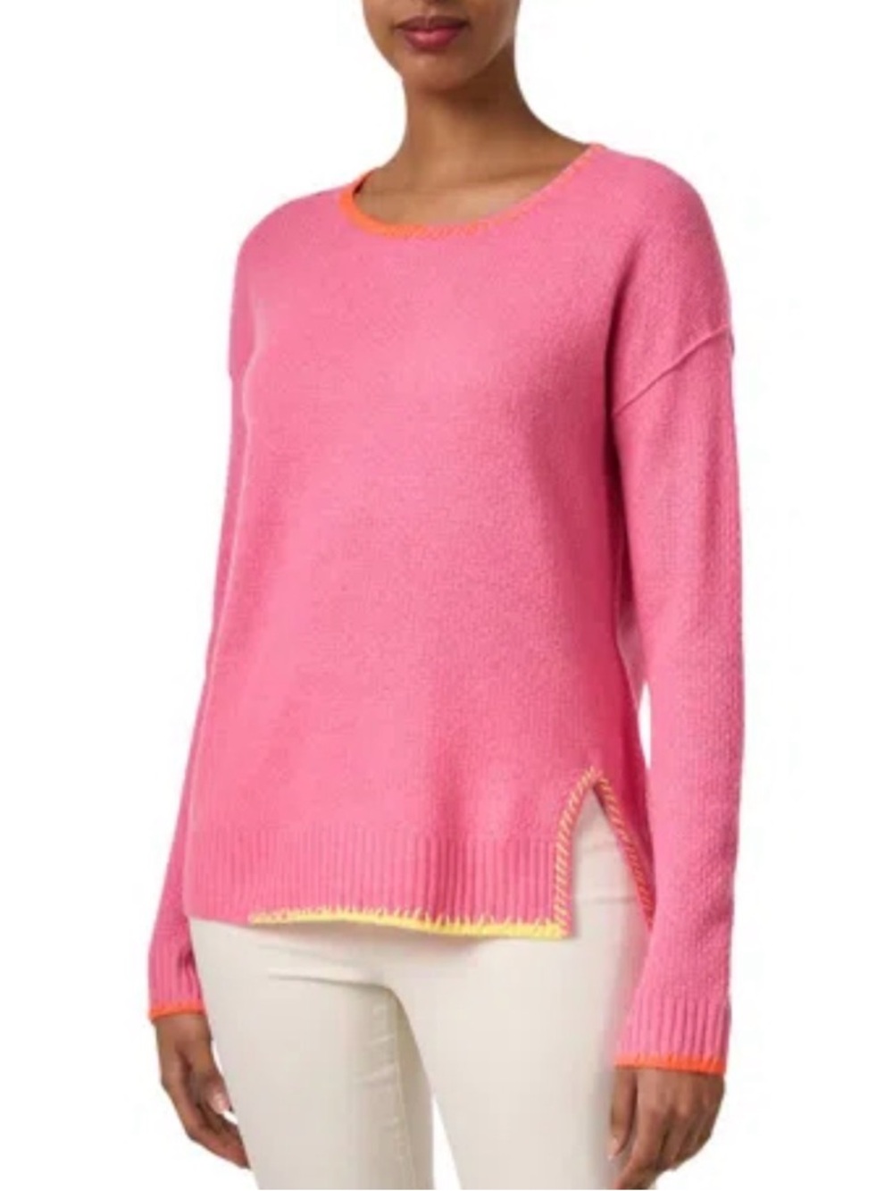 Lisa Todd Cashmere Split Decision Punch Pink Sweater w/ Yellow & Orange Trim